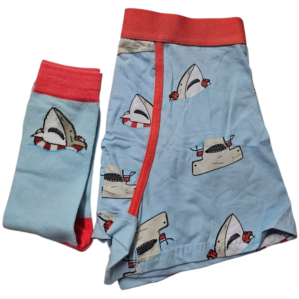 2pc Mens MAD Engine Shark Print Boxer Brief and Matching Sock Set